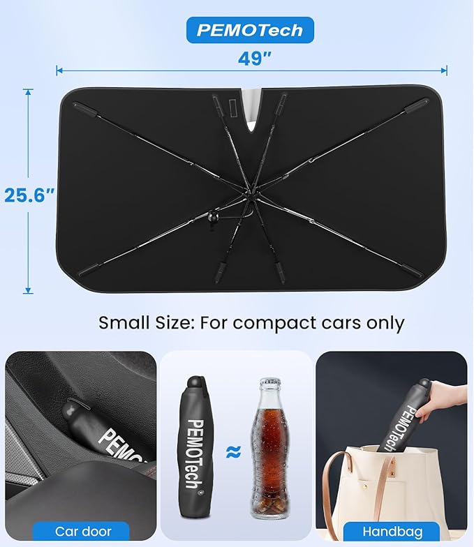 PEMOTech Sport&Compacts Car Accessories Umbrella Windshield Sun Shade | Quick-Install Reliable UV Blocker&Heat Shield | Versatile Car Window Shades | Keep Cool&Protect Interior | Small(49"X25.6")