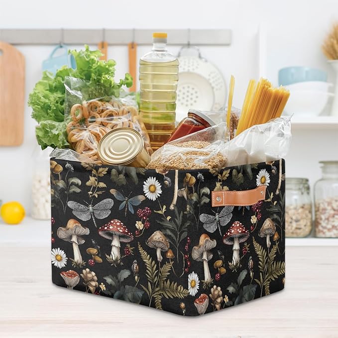 Mushrooms Daisies Storage Baskets for Organizing, Fabric Collapsible Storage Bins Box Forest Plants Decorative Toy Organizer Baskets for Closet Shelves Gift Basket 2Pcs