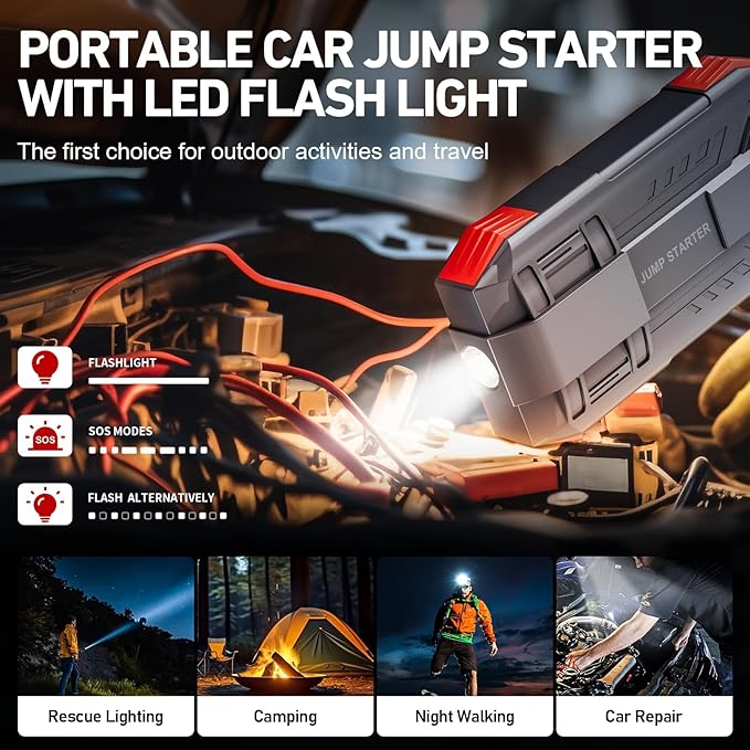 4000A Car Battery Jump Starter, Portable Car Jump Starter for Up to 10L Gas and 8L Diesel Engines, 12V Jump Box with 3 Modes Flashlight and Jumper Cable