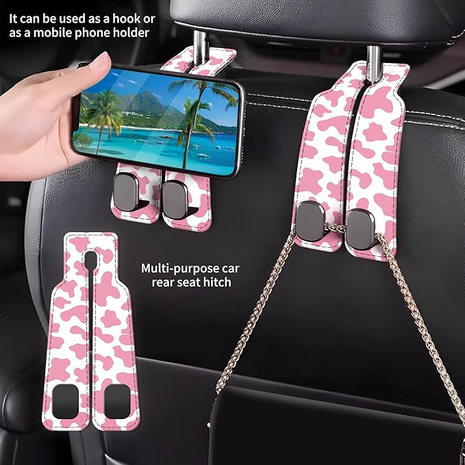 Car Seat Back Storage Headrest Hook, Premium Leather Double Metal Hook, Hanger Storage Organizer for Purse Cloth Bag, Car Interior Accessories Pink Cute Cowhide