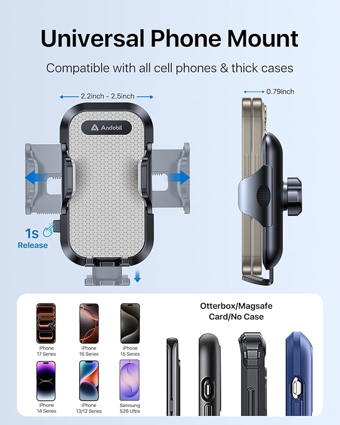 andobil Car Phone Holder, 2026 Military-Grade 89lbs Strongest Suction Phone Holders for Your Car Dashboard/Windshield/Vent Easy Clamp Cellphone Holder Truck Stand for iPhone 17 16 15 Pro Samsung Grey