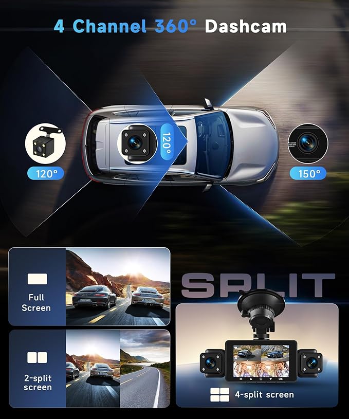 4 Channel 360° Dash Camera Front and Rear Inside Left Right, 3 Inch Dash Cam Support WiFi, Built-in Night Vision Sensitive Motion Detection 24/7 Recording Parking Mode Monitor Reversing Help