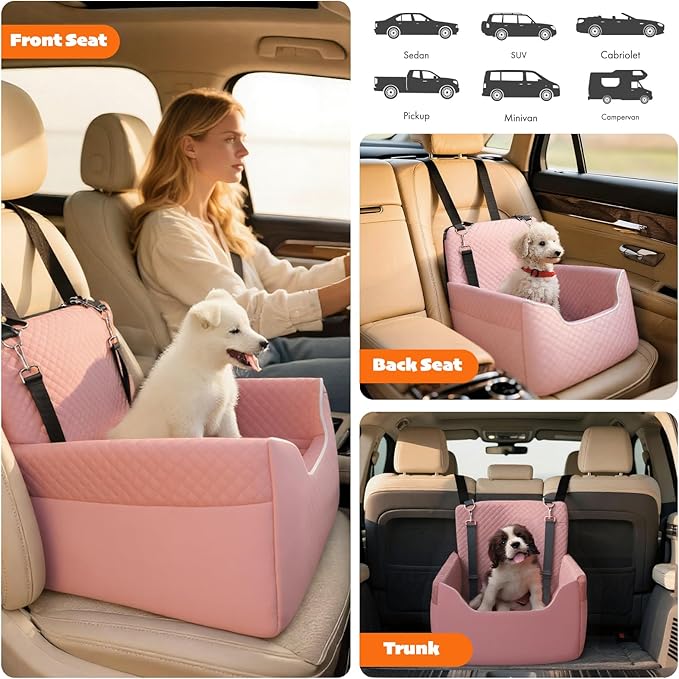 ALL GOOD PET SUPPLIES Dog Car Seat for Small/Medium Dogs Under 35lbs, Soft Booster Car Seat with Detachable Washable Cover and Cushion, Puppy Dog Car Bed, Pink