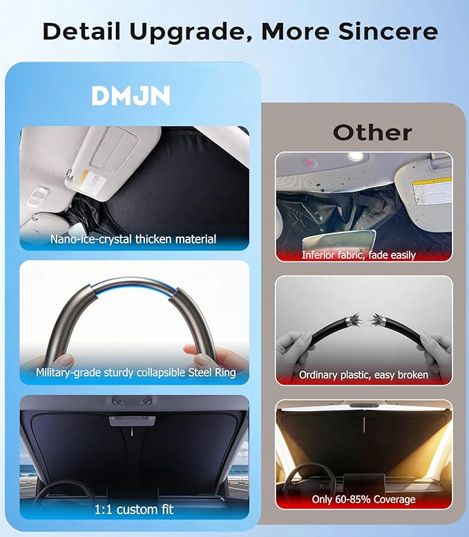 DMJN Front Windshield Sun Shade for Universal Large Size, [Nano Ice-Crystal Coatings] UPF50+ Heat & UV Block, Protect Car Interior & Keep Cool, Flodable Steel-Ring Car Cover for Summer
