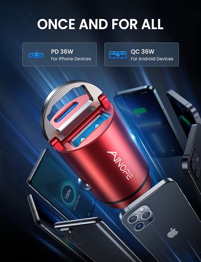 AINOPE 90W Super Fast Car Charger, Invisible USB C 45W Car Charger Fast Charging Type C, [Mini&Metal] Cigarette Lighter USB Adapter Fits Samsung Galaxy S25 Ultra S24 iPhone 16 15 Pro Max Piexl, Red