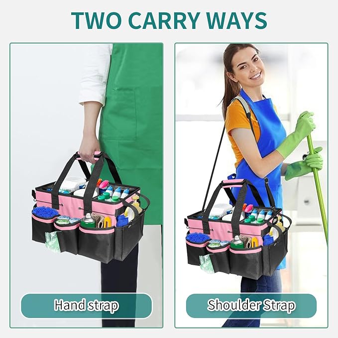Cleaning Bags for Housekeepers, Large Cleaning Supplies Organizer with Handles & Shoulder Strap, Cleaning Caddy Bag with Foldable Divider for Cleaners, Car Horse Cleaning Bag(Pink)
