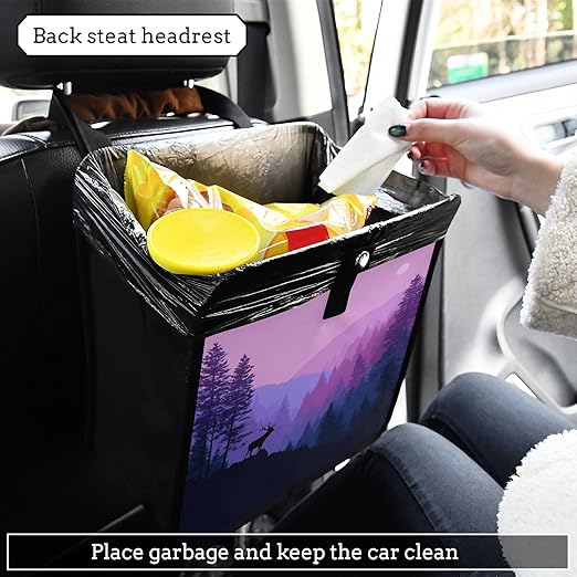 Car Trash Can Organizer Bin with Adjustable Strap for Back Front Seat Console Waterproof Leakproof Collapsible Portable 11 Inch Purple Stag Mountains and Forest