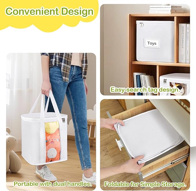 2PCS Toy Cube Storage Bin: Kids Building Blocks Organizer Bag with Zipper Lid & Handles, Clear Foldable Car Toy Container Box for Cubby Shelves, White Small Basket for Living Room, Closet, Playroom