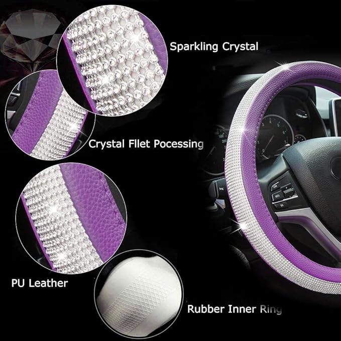 New Diamond Leather Steering Wheel Cover with Bling Bling Crystal Rhinestones, Universal Fit 15 Inch Car Wheel Protector for Women Girls Purple