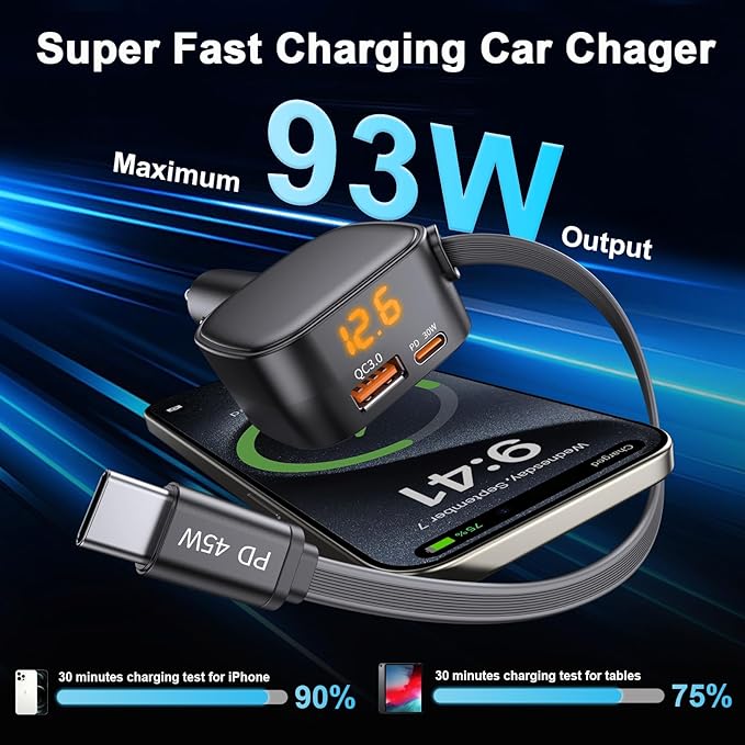 Retractable Car Charger USB C, 93W Fast Charging Car Charger Adapter with Voltage Display, [QC3.0 & PD 45W] 12-24V Cigarette Lighter USB Charger Adapter for iPhone 17 16 Galaxy iPad Android