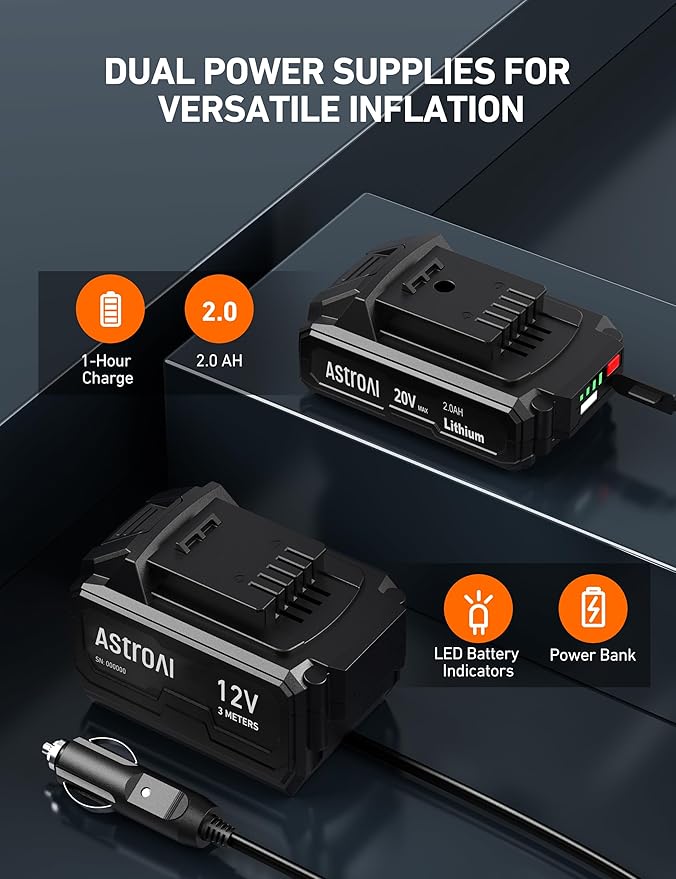 AstroAI C2 Cordless Tire Inflator Air Compressor 20V Rechargeable Battery Powered 160PSI Portable Air Pump with 12V Car Power Adapter Digital Pressure Gauge for Cars Motorcycles JY16P160-18 Red