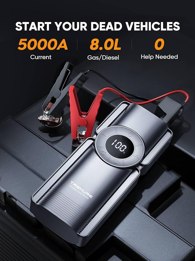 TREKURE Portable Car Jump Starter with Air Compressor, 150PSI 5000A Car Battery Jump Starter Battery Pack (9L Gas/8L Diesel), Safe Jumper Starter Portable Jump Box with Display, Emergency Light