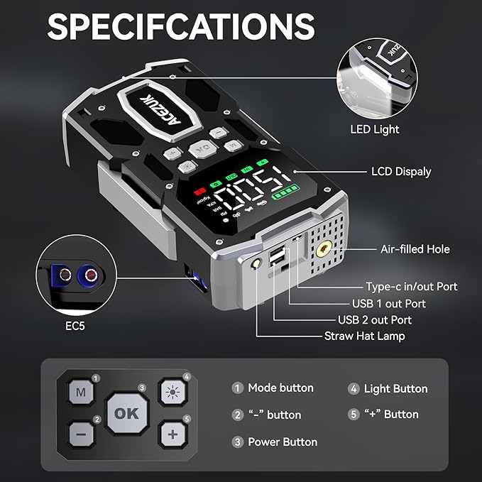 Portable Car Jump Starter with Air Compressor, ACEZUK 150PSI 8000A Jump Starter (All Gas/10.0L Diesel), 12V Battery Jump Box Car Battery Jumper Starter with 3.4" LCD Display, 2 Lights