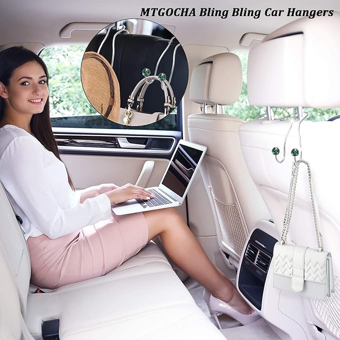 MTGOCHA Bling Purse Hook for Car Headrest, Upgraded Cute Car Seat Hooks for Bag Handbag, Durable Stainless Auto Purse Hanger Holder 2 Pack, Green