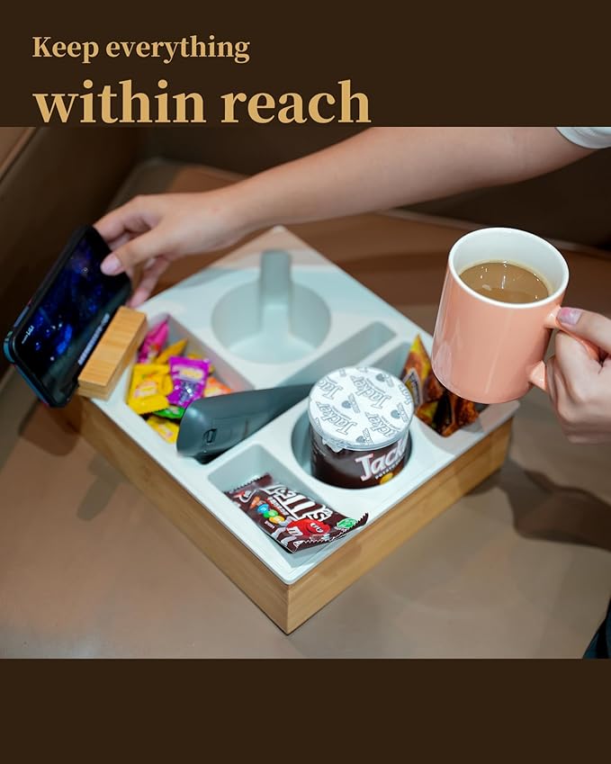 Couch Cup Holder Tray, Handy Silicone Bamboo Couch Caddy with Rotatable Phone Holder for Bed Car Seat Organizer, Waterproof Anti-Spill Couch Drink Holder for Snacks Beverage Remote (Green)