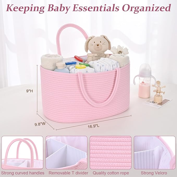 13.5L Baby Diaper Caddy Organizer, 15.3"x9.8"x7" Cotton Rope Diaper Basket, Changing Table Storage Caddy With Removable Divider, Baby Basket for Nursery, Car, Diapers, Baby Shower Gifts for Newborn