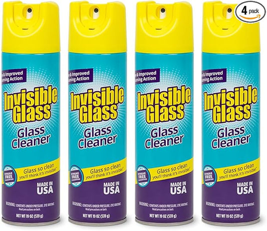 Invisible Glass 91160-4PK Premium Aerosol Glass and Window Foaming Cleaner Spray – Cleans Glass, Windows, Mirrors, Shower Doors, and More – Streak-Free, Ammonia-Free, Tint-Safe – 19 oz (Pack of 4)