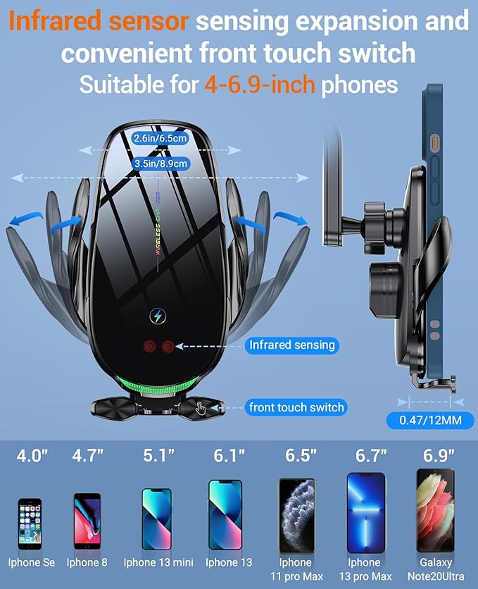 Wireless Car Charger, 15W Fast Wireless Charger for car Auto-Clamping, fit for iPhone 15 14 13 12 11 Pro Max Xs, Samsung Galaxy S23 Ultra S22 S21 S20, S10+ S9+ Note 9, etc