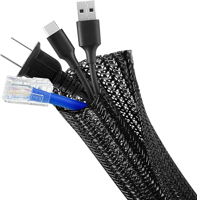 ELECFUN 16ft - 1/4 inch Cable Management Sleeve Cord Protector, Split Wire Loom for USB TV Computer, Braided Wire Cover Hider Organizer Tubing Protect Cat Dog from Chewing, Black