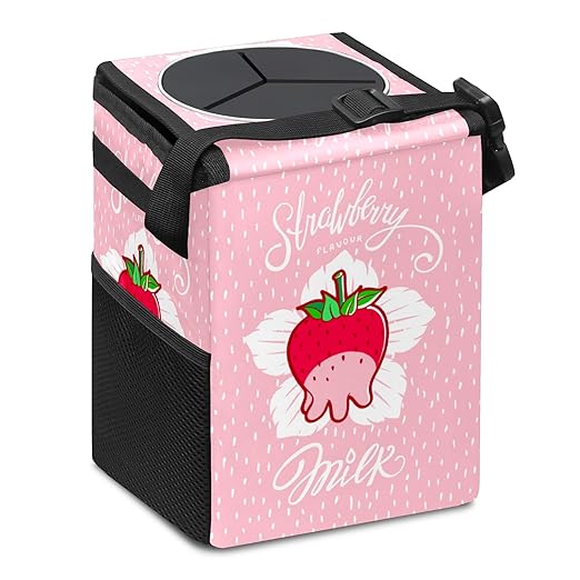 Milk Strawberry Collapsible Reusable Waterproof Trash Can with Lid - Automotive Garbage Can, Interior Car Organizer