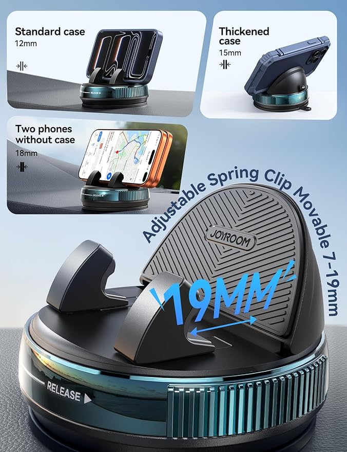 JOYROOM Car Phone Mount, [360° Rotation+Thick Case Friendly] Cell Phone Car Holder with Adjustable Spring Clip, Anti-Slip Silicone Universal Dashboard phone holder for Car for iPhone, Smartphones, GPS