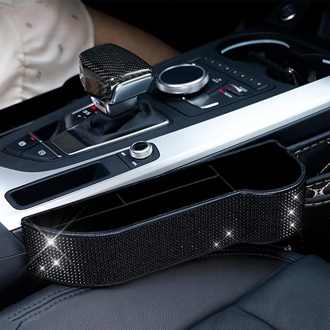 Console Side Pocket, Diamond Crystal Car Seat Pockets Organizer Caddy Catcher Auto Filler Gap Bling Bling Car Console Side Pouchs for Cellphone Wallet Key (Black-2 PCS)