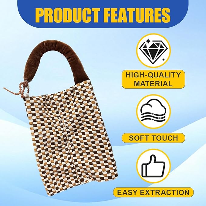 Car Tissue Holder, Checkered Pattern Car Backseat Napkin Holder, Rectangular Canvas Hanging Auto Tissues Box, Universal Vehicle Storage Organizer Accessory for Phone, Small Items (Coffee)