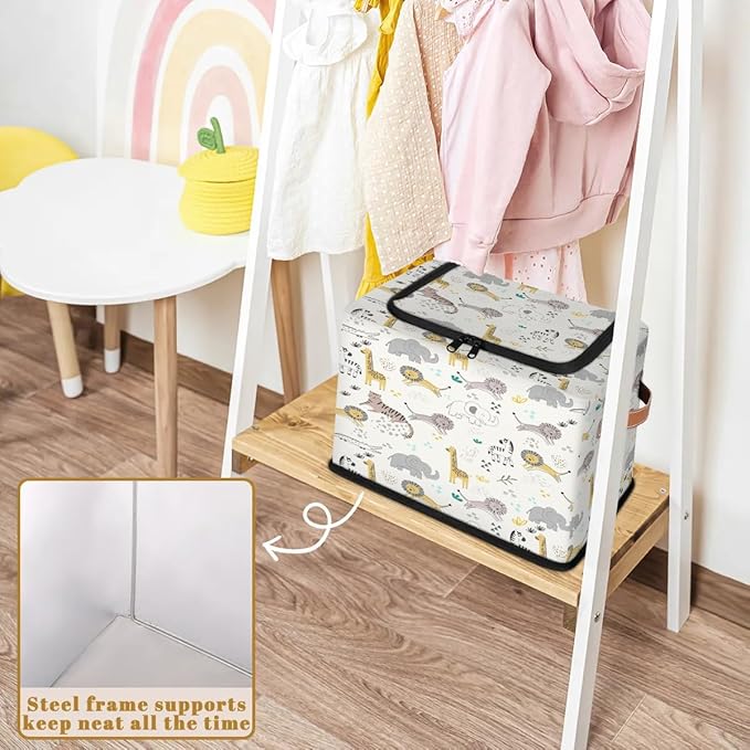 Large Toy Box Collapsible Storage Bins with Lids Closet Storage Baskets for Organizing Shelves Nursery Toy Storage Organizer Boxes for Kids, Boys, Girls (Cute Zebra Giraffe Lion Elephant Animal)