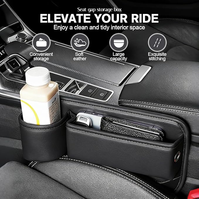 Car Leather Cup Holder Gap Bag, Adjustable Car Seat Gap Storage Box Leather with Cup Holder, for Keys, Cards, Phone, Sunglasses, Multi-Purpose Essentials Organizer (Red, Driver's Seat)