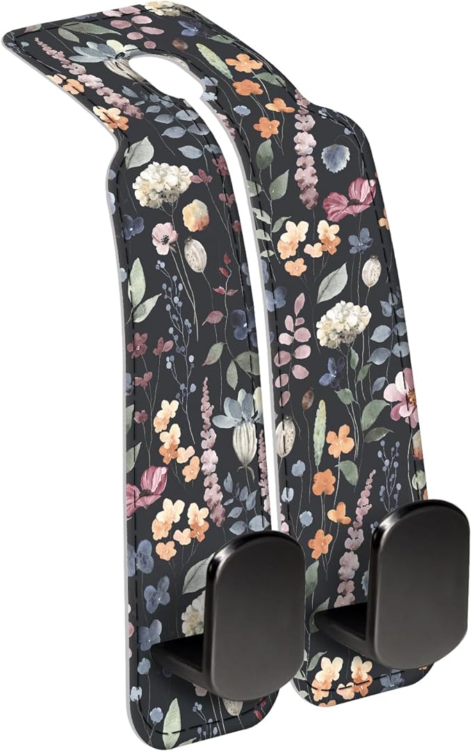 Car Seat Back Storage Headrest Hook, Premium Leather Double Metal Hook, Hanger Storage Organizer for Purse Cloth Bag, Car Interior Accessories Watercolor Boho Leaf