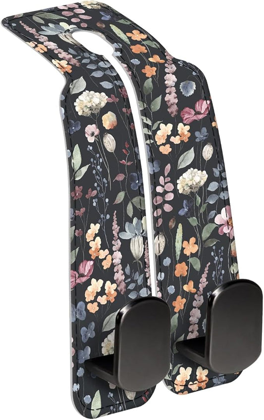 Car Seat Back Storage Headrest Hook, Premium Leather Double Metal Hook, Hanger Storage Organizer for Purse Cloth Bag, Car Interior Accessories Watercolor Boho Leaf