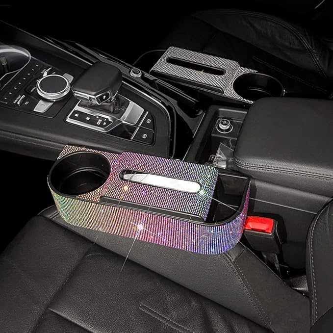 Bling Car Seat Gap Filler, Crystal Rhinestones Tissue Box Multifunctional Car Gap Organizer with Cup Holder, Bling Napkin Paper Dispenser Storage Case Car Interior Seat Gap Accessories