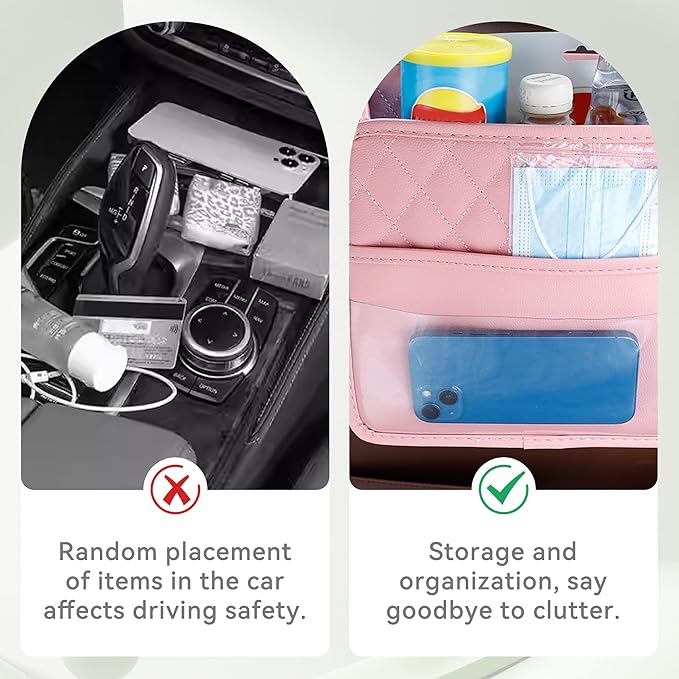 Car Seat Back Hanging Bag, PU Leather Automotive Seat Back Organizer, Multipurpose Vehicle Travel Essentials Accessories for Kids & Adults, Universal for Most Cars (Pink)