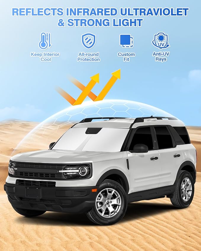 Canvcle Windshield Sun Shade for Ford Bronco Sport 2021-2025 2026 Side Rear Window Shade Cover Set Window Sun Visor Blocker Privacy Protection Keep Vehicle Cool Black 8PCS
