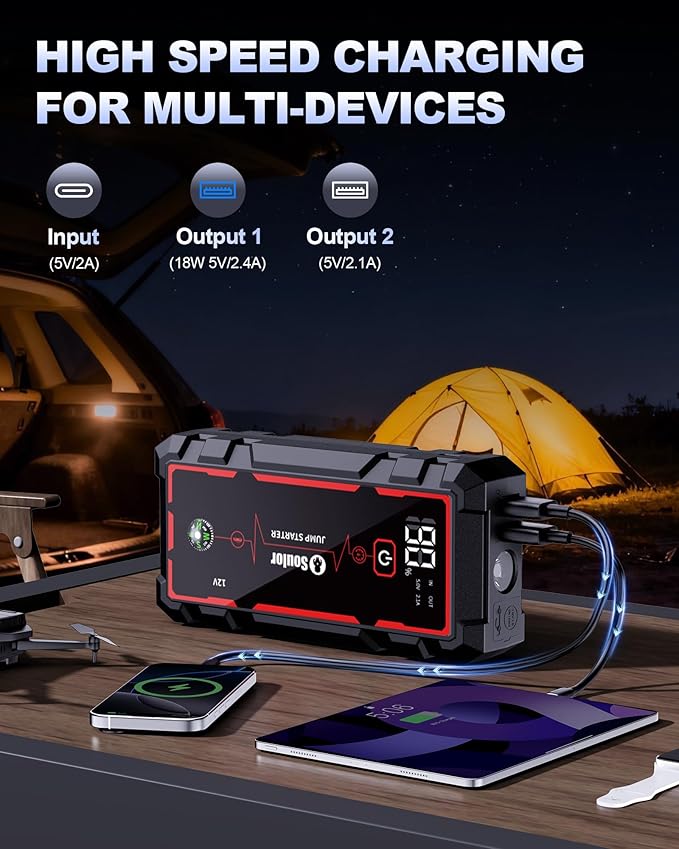 5000A Jump Starter Car Battery Jumper Starter Portable with Jumper Cable, Quick Charge Power Bank, 3 Modes Flashlight, Compass