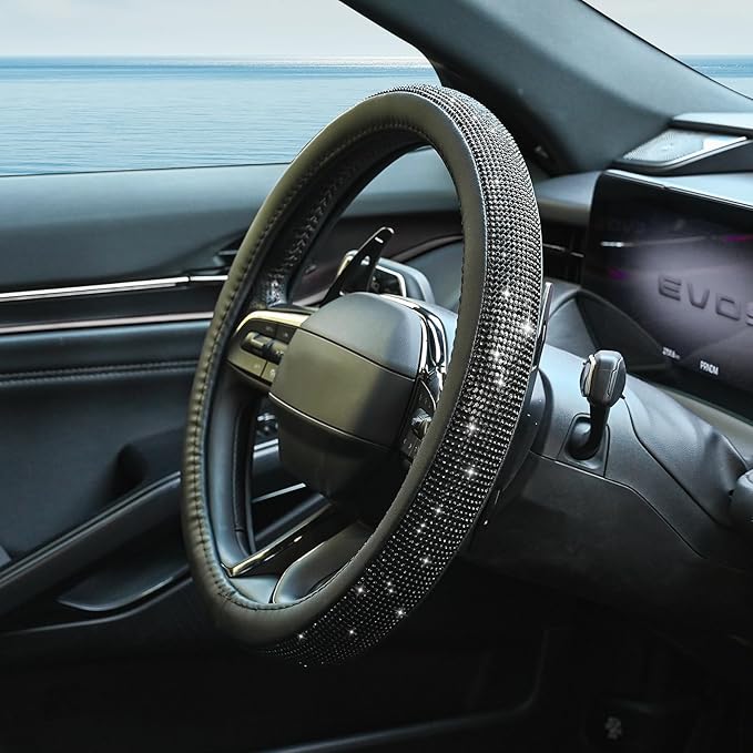 New Diamond Leather Steering Wheel Cover with Bling Bling Crystal Rhinestones, Universal Fit 15 Inch Car Wheel Protector for Women Girls,Black Diamond