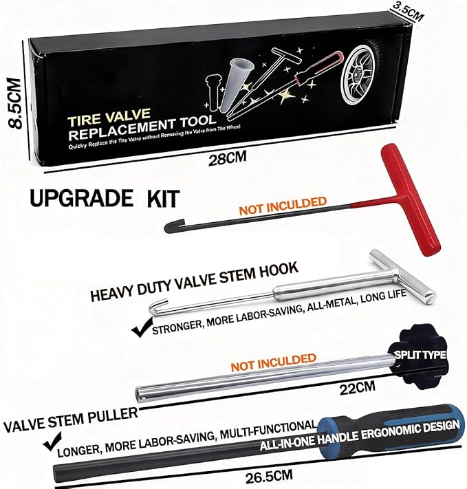 Valve Stem Removal Tool with Heavy Duty Hook & Longer Puller,Tire Valve Stem & Core Replacement Installation Tool Kit,without Tire Removal,Tire Pressure Checking, for Cars Motorcycles Lawn Mowers ATVs