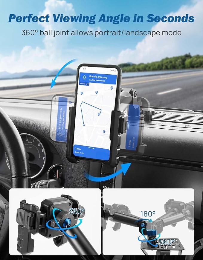 JOYTUTUS Metal Dash Mount Phone Holder Compatible with 2011-2018 Wrangler JK(Not Fit 2018 Wrangler JL) | Custom Fit Phone Mount Expansion Platform| One-Hand Adjustable Clip