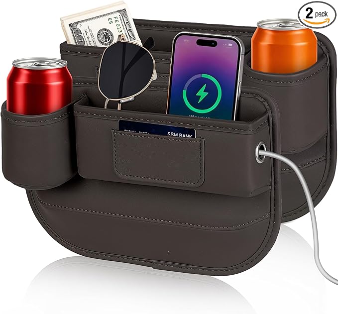Kwak's Car Seat Gap Filler Organizer (2PC) – Fits 0.2"-1.2" Gap Premium Leather Drop Stop Car Console Organizer for Phone/Keys – Universal Front Seat Organizer for Car SUV Truck (Brown)