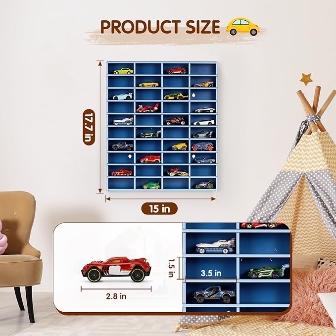 Toy Car Display Shelf, Holds 40 Diecast 1/64 Toy Cars, Wall Mount Model Car Storage Organize Case, Blue
