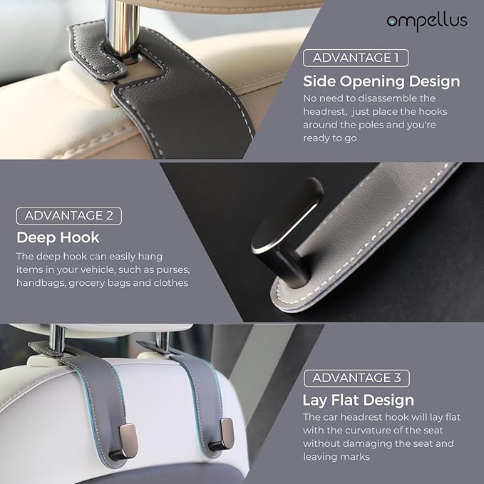 Car Headrest Hook, 2 Pack Leather Car Seat Hooks for Purses and Bags, Car Organization Accessories (Grey)