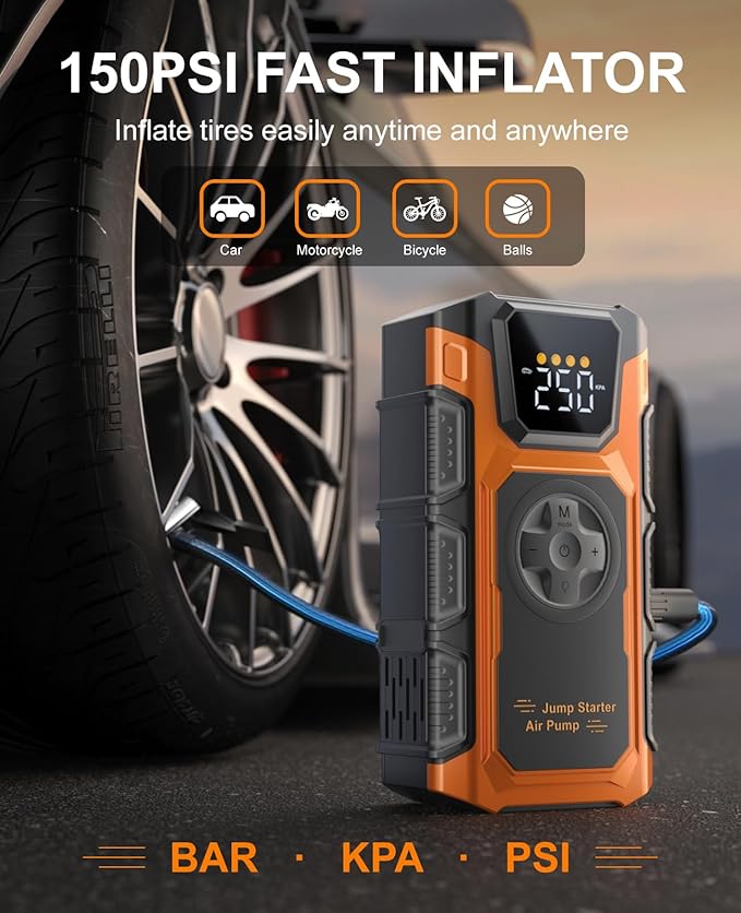 Jump Starter with Air Compressor, 5500A Car Battery Charger Power Jump Box Start 12V Vehicles(Up to 9.0L Gas&7.5L Diesel Engines) Portable Car Booster Jumper Pack Combo150 PSI Tire Inflator