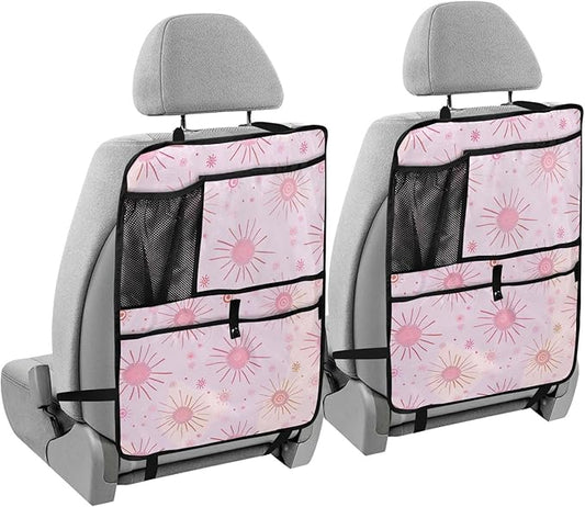 JIPONI Car Backseat Organizer, Pink Suns Automotive Back Seat Protector, Kick Mats with Storage Pockets for Kids Pets, Road Trip Accessories (2 Pack)