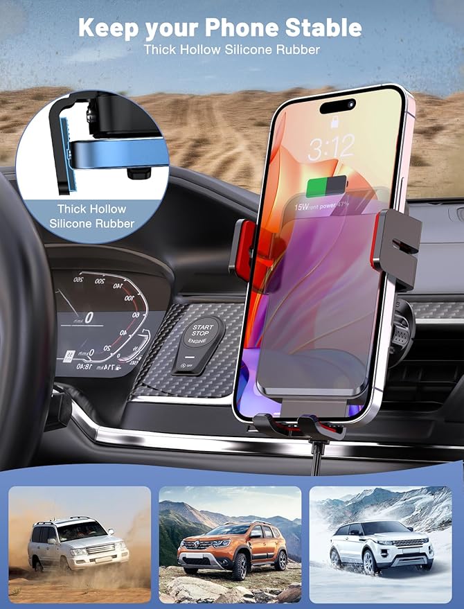 Wireless Car Charger, MOKPR Auto-Clamping Car Mount 15W/10W/7.5W Fast Charging Air Vent Car Phone Mount Compatible with iPhone 15/14/13/13 Pro/12 Pro Max/12/11/10/8 Series, Samsung Galaxy Series Red