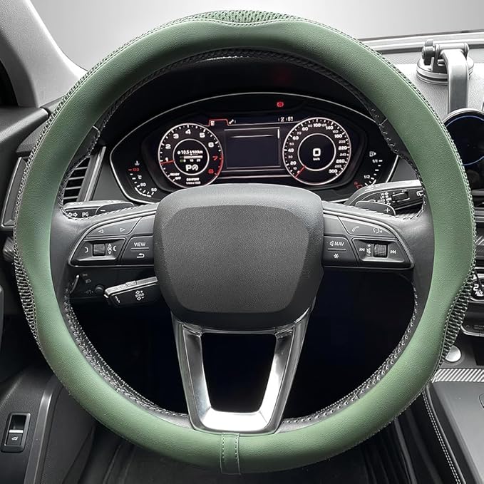 LKWLIKEI Car Steering Wheel Cover, Universal 15 inch, the Latest Microfiber Leather Breathable Technology Fabric, Non-Slip, Comfortable, Warm in Winter and Cool in Summer, Green