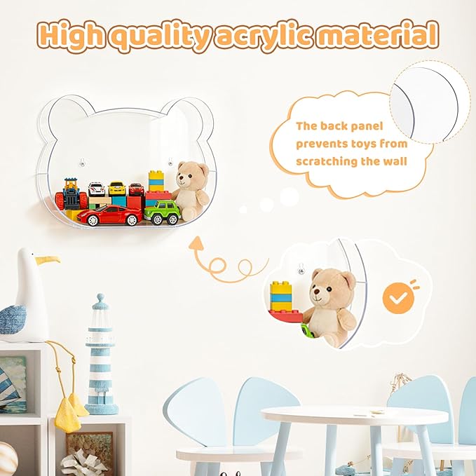 2 Pack Acrylic Wall Organizer, Acrylic Toy Dispenser for Wall, Bear Shape Toy Storage Display with Back Panel Hanging Clear Holder for Blocks, Snacks, Cars