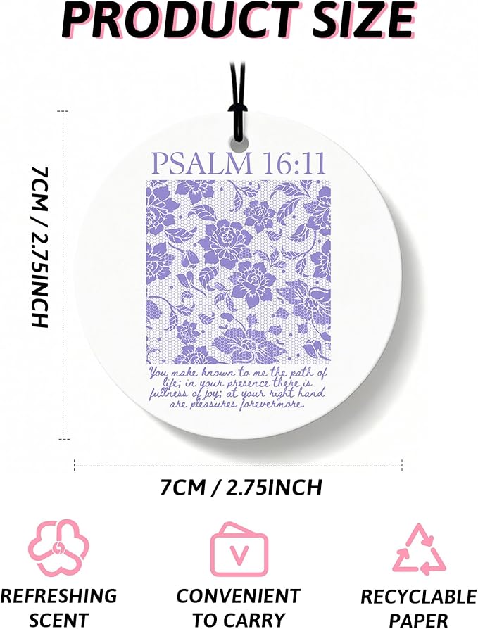 Purple Christian Round Car Air Freshener 4 Pcs, Girly Pouple Bow Floral Religious Hanging Air Freshener for Cars Closet Drawer Books, Cute Preppy Car Accessories Mirror Decor for Women