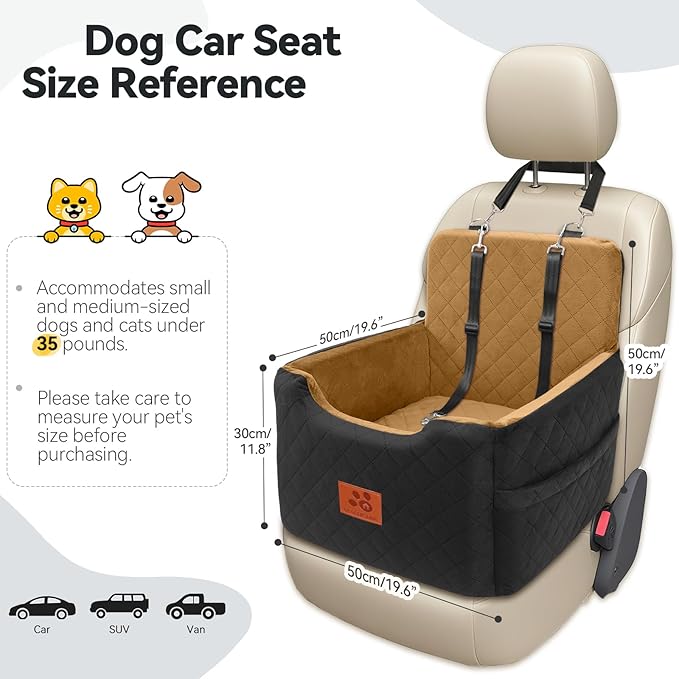 GL GLENSLAVE Dog Car Seat for Small/Medium Dogs Under 35lbs,Memory Foam Dog Booster Seats,Detachable and Washable Traval Pet Car Seat, Dogs Bed with 2 Safety Belts (Black/Coffee)