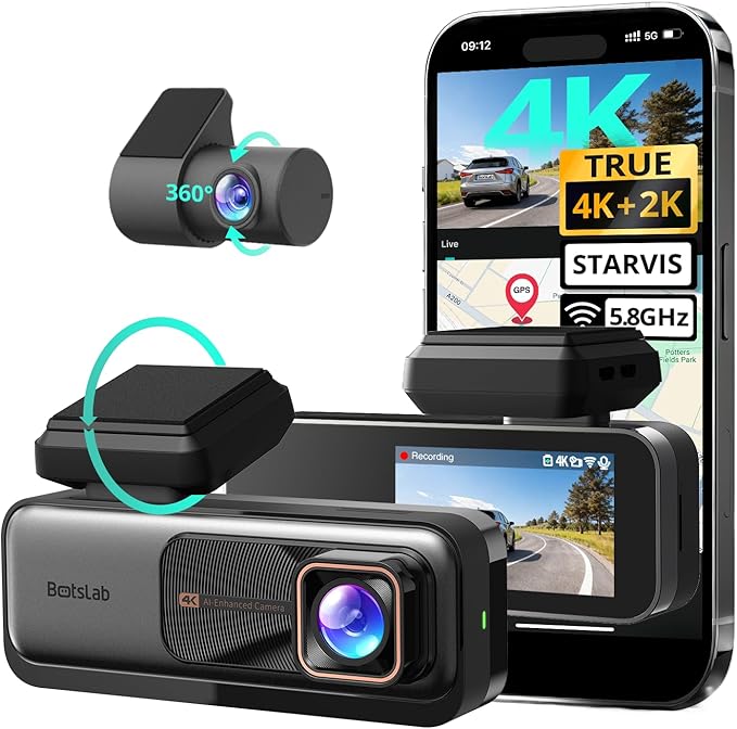 BOTSLAB 4K Dual Dash Cam Front and Rear, IMX415 STARVIS Sensor, True 4K+2K Dash Camera with 170°Wide Angle, Night Vision, 24H Parking Mode, Built-in 5.8GHz WiFi & GPS (No SD Card)