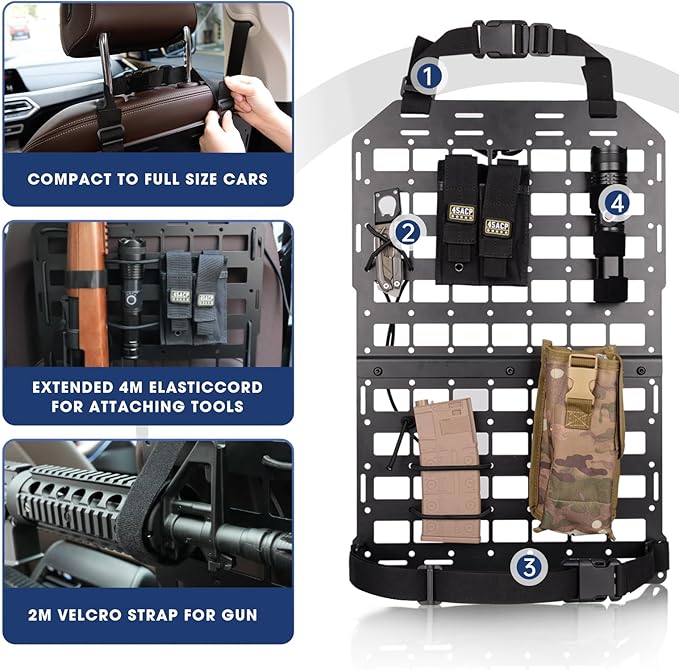 Pridefend Heavy Duty Rigid Tactical Seat Back Gun Rack with Molle Panel Vehicle Gun Holder,All-Steel Tactical Seat Back Organizer for Hunting Rifles/Shotguns